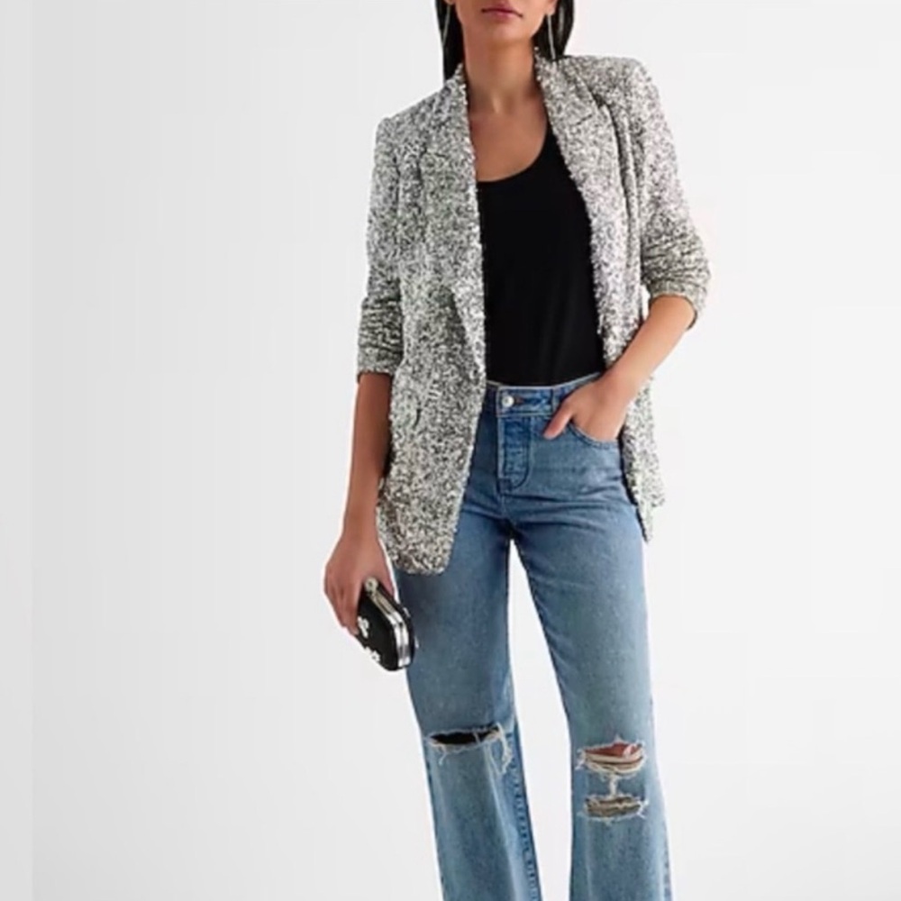 NWT EXPRESS SILVER SEQUIN SNAP BUTTON BOYFRIEND BLAZER SIZE L